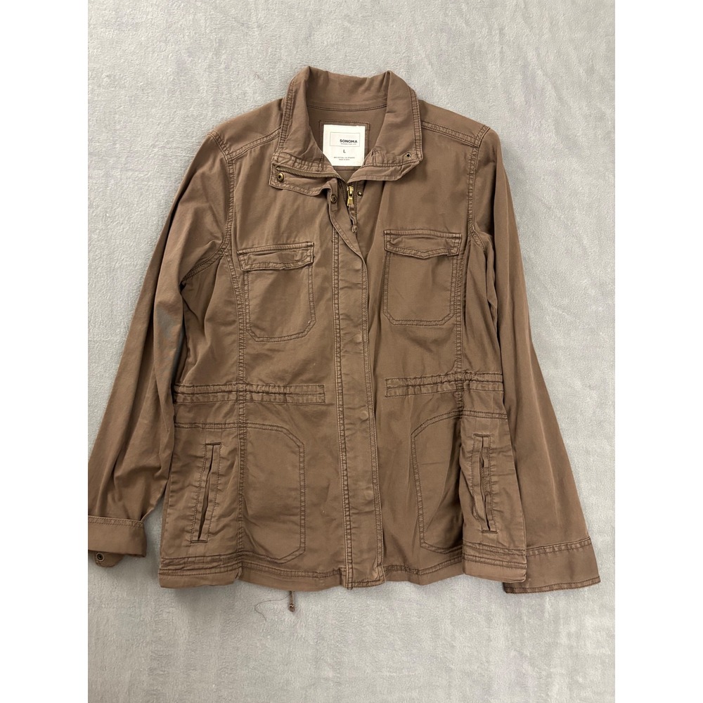 Sonoma Goods for Life Womens Brown Utility Field Jacket Size L Cotton Blend Zip